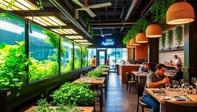 An interior shot of AquaBite Bistro's dining area, featuring lush greenery from the integrated aquaponic system, a chef preparing a fresh dish using on-site produce, and diners enjoying the sustainable farm-to-table experience, highlighting the culinary innovation and eco-conscious dining.