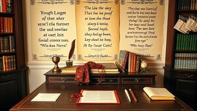 An elegant writing desk adorned with books, quills, inkwells, and parchment, surrounded by inspirational quotes and imagery of famous literary figures, creating a serene and inspiring space for writers seeking guidance and creativity.