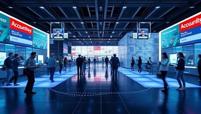 An interactive virtual marketplace where business owners and freelance accountants connect seamlessly, with digital avatars representing users engaging in accounting transactions, highlighting the convenience and efficiency of AccounTrade Hub.