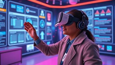 An immersive VR environment showcasing a policyholder exploring their insurance coverage and benefits in a virtual space, interacting with visual representations of risks, coverage limits, and policy terms, creating a futuristic and educational insurance visualization experience through VR PolicyView.