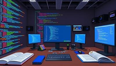 A virtual coding lab environment with lines of code, programming books, and digital screens displaying coding projects and solutions, with mentors guiding users through coding challenges and debugging sessions, illustrating a collaborative and supportive coding community on CodeCrafters.