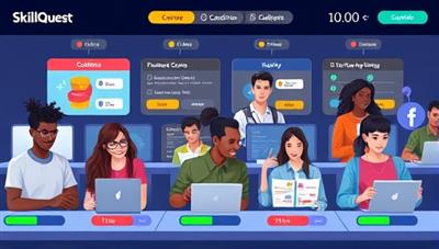 An animated illustration of diverse candidates engaging in a variety of skill-based challenges on the SkillQuest Challenge platform, with colorful game elements and progress bars indicating their performance levels, showcasing the fun and competitive nature of gamified skills assessment.
