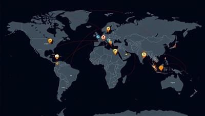 An interactive map displaying markers of freelancers from around the world, each representing a unique skill set or expertise, with connecting lines indicating project collaborations and a vibrant global gig economy ecosystem, highlighting the platform's diversity and connectivity.