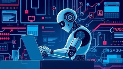 An innovative illustration of a robot working on a website design, surrounded by digital data streams and design elements, symbolizing the fusion of technology and creativity in web optimization.