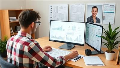 A virtual workspace setup with an estimator analyzing digital project plans, cost databases, and collaborating with clients via video call, creating a professional and efficient estimation process without physical site visits.