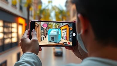 An AR visualization of a virtual product seamlessly integrated into a real-world environment, with a user interacting with the product through a mobile device, highlighting the immersive and interactive nature of AR BrandCast's product placement ads.