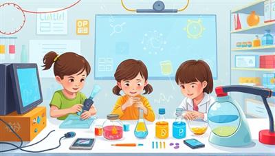 An imaginative illustration featuring children engaged in virtual STEM experiments and activities, surrounded by digital tools and scientific equipment, capturing the essence of hands-on learning in a virtual camp setting.