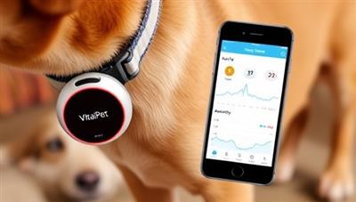 An innovative pet health wearable device attached to a pet's collar, displaying real-time health data on a mobile app, with graphs and notifications indicating the pet's activity levels, heart rate, and overall well-being, showcasing the advanced technology and functionality of VitalPet Health Tracker.