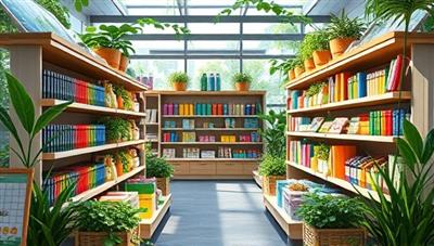 An artistic depiction of a virtual marketplace filled with colorful, eco-friendly school supplies showcased on digital shelves, surrounded by green plants and solar panels, creating a visually appealing and sustainable atmosphere that resonates with environmentally conscious consumers.