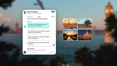 An elegant digital interface showcasing a chatbot conversation between a traveler and the virtual concierge, with images of luxurious accommodations, fine dining options, and exciting activities, creating a seamless and personalized trip planning experience.