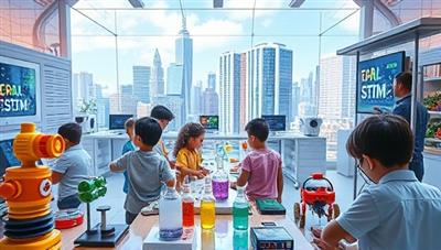 An engaging visual of children exploring a virtual STEM lab filled with colorful equipment, robots, and digital screens displaying experiments, with a backdrop of a futuristic cityscape, sparking curiosity and imagination in STEM learning.