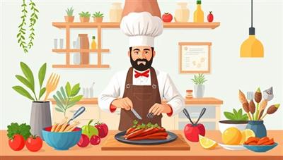 An appetizing digital illustration of an online cooking class with a virtual chef guiding participants in preparing a gourmet dish, surrounded by fresh ingredients, cooking utensils, and culinary decorations, evoking a sense of culinary creativity and gastronomic delight.