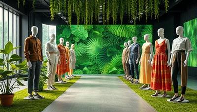 An eco-friendly digital runway featuring sustainable fashion brands, eco-chic accessories, and ethically sourced clothing items displayed on virtual mannequins, with greenery accents, recycled material textures, and nature-inspired motifs, creating a visually appealing and environmentally conscious online shopping experience through EcoChic Hub.