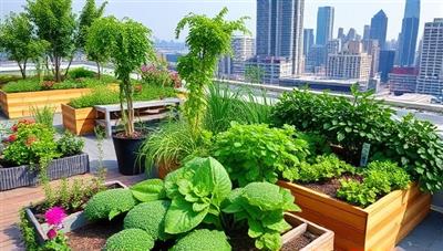 A vibrant rooftop garden oasis with lush greenery, colorful flowers, and a variety of vegetables growing in raised beds, surrounded by city skyscrapers in the background, highlighting the juxtaposition of nature and urban living.