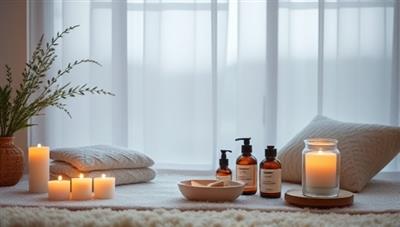 A serene image of a tranquil space with soft lighting, aromatic candles, plush cushions, and a variety of wellness products from Serenity Sanctuary, creating a calming and inviting atmosphere for self-care and relaxation.