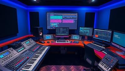 An immersive digital studio environment featuring audio mixing consoles, MIDI controllers, virtual instruments, and creative music production software, illustrating a professional and inspiring setting for online music production masterclasses and workshops.