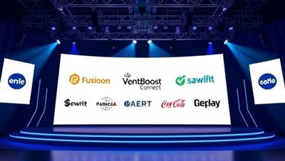 A digital interface showcasing a virtual event stage with branded sponsor logos displayed prominently, illustrating the visibility and branding opportunities available through EventBoost Connect's virtual event sponsorship marketplace.