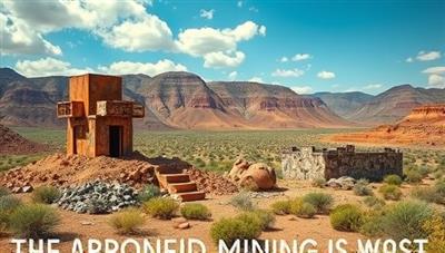 A vibrant image showcasing a transformed landscape where abandoned mining waste is repurposed into beautiful, sustainable structures like furniture or art pieces, illustrating the concept of waste recycling and upcycling.