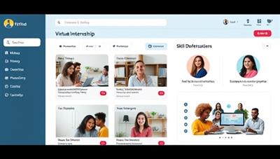 An online dashboard displaying virtual internship listings, mentor profiles, and interactive skill development modules, with diverse young professionals engaged in remote work activities, showcasing the platform's dynamic and inclusive virtual internship environment.