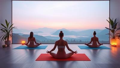 A serene digital oasis featuring virtual yoga mats, calming nature sounds, and peaceful meditation spaces, with users participating in mindfulness sessions, yoga poses, and relaxation exercises on a tranquil screen background, surrounded by soothing colors, soft lighting, and holistic wellness symbols, creating a harmonious and rejuvenating online retreat experience through SerenitySpace.
