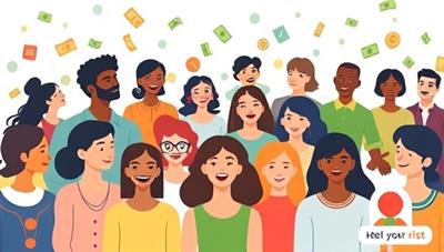 An engaging and vibrant social network interface showcasing diverse avatars connecting, sharing financial tips, and participating in virtual financial challenges within a digital community space, symbolizing collaboration, support, and financial empowerment.