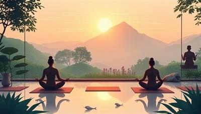 A tranquil digital illustration of a virtual wellness retreat setting, featuring serene nature scenes, calming music, and participants engaging in yoga poses and meditation practices, evoking a sense of peace and serenity in a virtual wellness oasis, with a tagline 