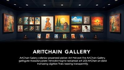 A digital art gallery showcasing a diverse collection of digital artworks on a blockchain-powered platform, with secure transaction records and artist information displayed transparently, highlighting the innovation and security features of ArtChain Gallery for digital art enthusiasts.