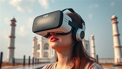 A user wearing a VR headset, exploring a stunning digital recreation of the Taj Mahal, with interactive elements like local sounds, virtual guides, and historical anecdotes, offering a captivating and immersive travel experience.