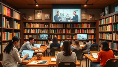 A virtual library setting with participants engrossed in writing activities, sharing stories on digital screens, and receiving feedback from writing mentors, creating a vibrant and inspiring atmosphere for creative writing workshops.
