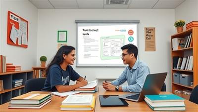 An engaging virtual classroom setting with a student and a tutor interacting on-screen, surrounded by books, digital devices, and educational materials, illustrating the personalized and interactive nature of TutorConnect.