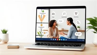 A virtual mental health coaching session on a laptop screen, featuring a therapist and client engaging in a supportive conversation, with calming visuals, mindfulness exercises, and mental wellness resources in the background, creating a safe and nurturing virtual therapy setting.