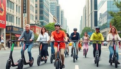 A vibrant cityscape scene featuring diverse individuals of different ages and backgrounds riding electric scooters through bustling streets, showcasing a dynamic and eco-friendly urban mobility solution.