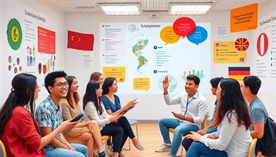 An immersive language learning environment with a diverse group of virtual students interacting with LingoGenie in various languages, engaging in conversation practice and cultural exchanges, illustrating a dynamic and interactive language learning experience.