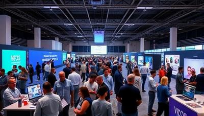 A virtual event lobby showcasing multiple attendees interacting in a digital space, attending sessions, networking with others, and exploring virtual booths, creating a dynamic and immersive online event experience for diverse audiences.
