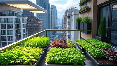 A vibrant city scene with an apartment balcony transformed into a lush microgreens garden, showcasing diverse trays of fresh greens under grow lights, demonstrating urban sustainability and healthy living.