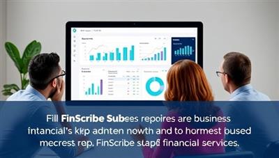 A digital dashboard displaying interactive financial reports and KPIs on a computer screen with a diverse group of business owners discussing the insights, emphasizing the accessibility and value of FinScribe Subs' subscription-based financial reporting services.