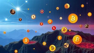 An artistic representation of a digital landscape with various cryptocurrency symbols floating around, symbolizing the dynamic and innovative nature of the crypto investment club.