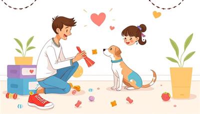 A heartwarming illustration of a virtual pet training session, showing a pet owner engaging with their furry companion in a positive training activity, surrounded by playful pet toys and training treats, conveying joy and bonding through training.