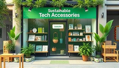 An artistic representation of a sustainable tech accessories store, featuring a variety of eco-friendly products displayed on a digital storefront, surrounded by greenery and recycled materials, conveying sustainability and innovation.
