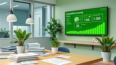 An office scene with a green-themed workspace, featuring recycled paper, a plant-filled desk, and a digital screen displaying sustainable accounting metrics, highlighting the eco-friendly focus of the business.