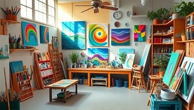 An art studio filled with vibrant eco-friendly art supplies and creations, showcasing a colorful and sustainable artistic environment that promotes creativity and environmental awareness.