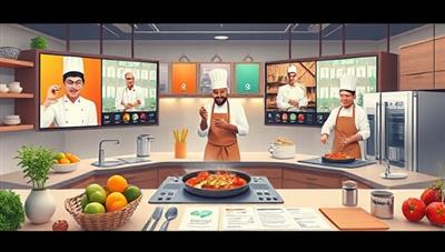 An engaging digital illustration showcasing a virtual kitchen environment with multiple screens displaying live cooking demonstrations by chefs from different cultural backgrounds, surrounded by ingredients, utensils, and interactive recipe cards, evoking a sense of culinary diversity and shared cooking experiences.