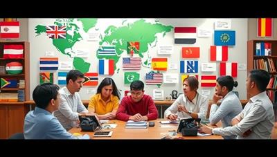 An international language exchange scene showcasing virtual participants engaging in language conversations in multiple languages, with cultural elements, flags, and language learning tools displayed in a digital environment, creating a dynamic and diverse linguistic community.