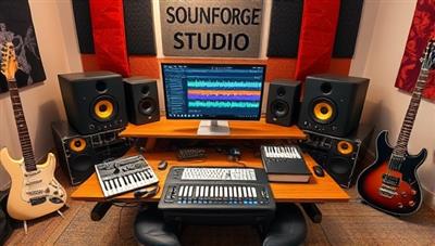 A virtual music studio setup with professional audio equipment, MIDI controllers, and a computer displaying a digital audio workstation interface, surrounded by musical instruments and creative tools, inviting aspiring music producers to embark on their music production journey at SoundForge Studio.