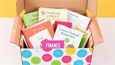 A colorful subscription box filled with financial literacy materials such as books, worksheets, and playful finance-themed games, symbolizing education and fun learning.