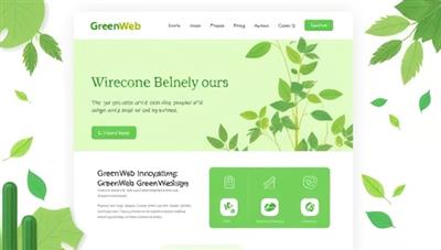 An illustration of a website layout with green design elements, leaf motifs, and eco-friendly icons, symbolizing the sustainable and environmentally conscious approach of GreenWeb Innovations in web design solutions.