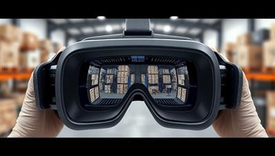 An engaging VR headset displaying a virtual warehouse environment with customizable features, showcasing the interactive and immersive experience of designing warehouse layouts in virtual reality.