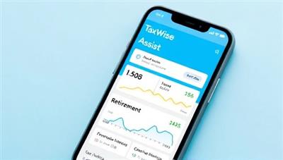 An interactive smartphone screen displaying the TaxWise Assist app interface, with financial graphs, tax-saving recommendations, and retirement planning tools, illustrating user-friendly and personalized financial guidance.