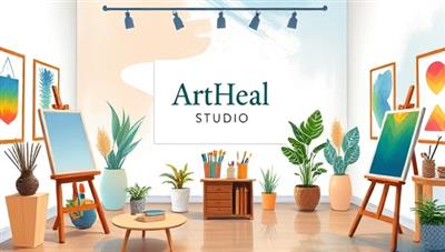 An expressive digital artwork featuring a serene art studio setting with art supplies, easels, and calming colors, symbolizing the therapeutic environment of ArtHeal Studio, where individuals engage in artistic activities for self-discovery and emotional healing.
