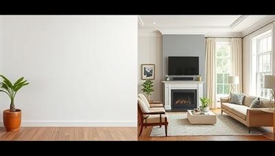 A split-screen image showing a plain room on one side and a beautifully designed room on the other, highlighting the transformative power of interior design.